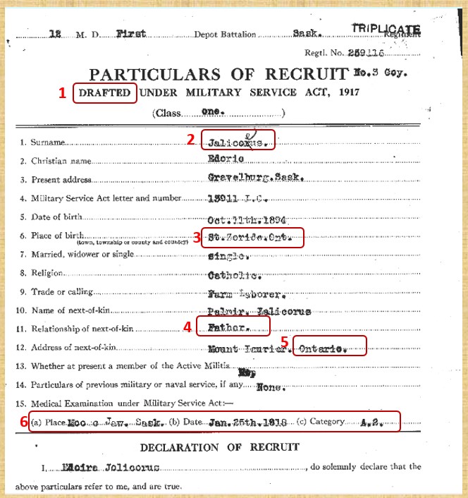 Eddie/Edoire Jolicoeur WW1 Canadian Military draft document